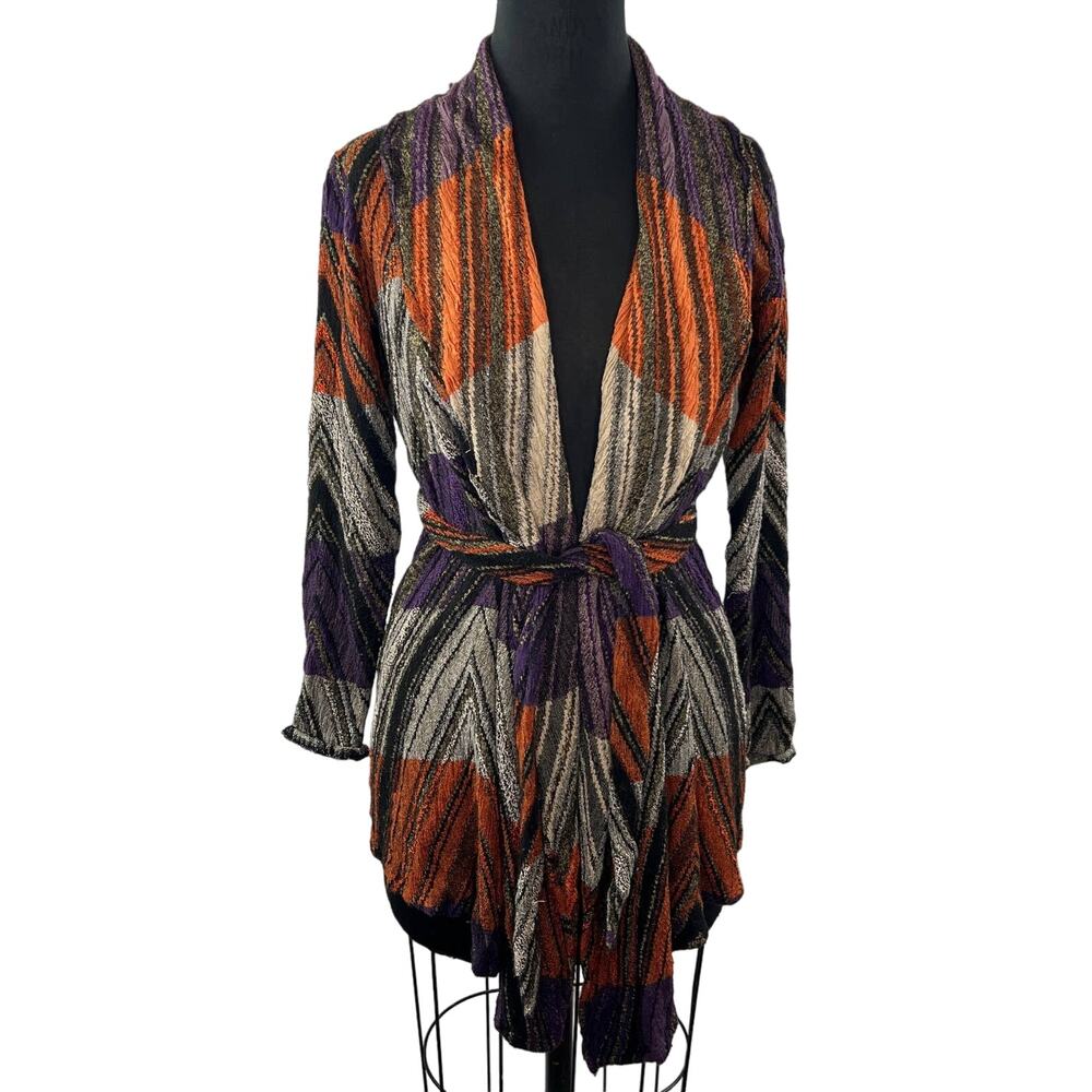 Hale Bob Purple Gray Orange Stripe Long Sleeve Open Front Belted Waist Size XS